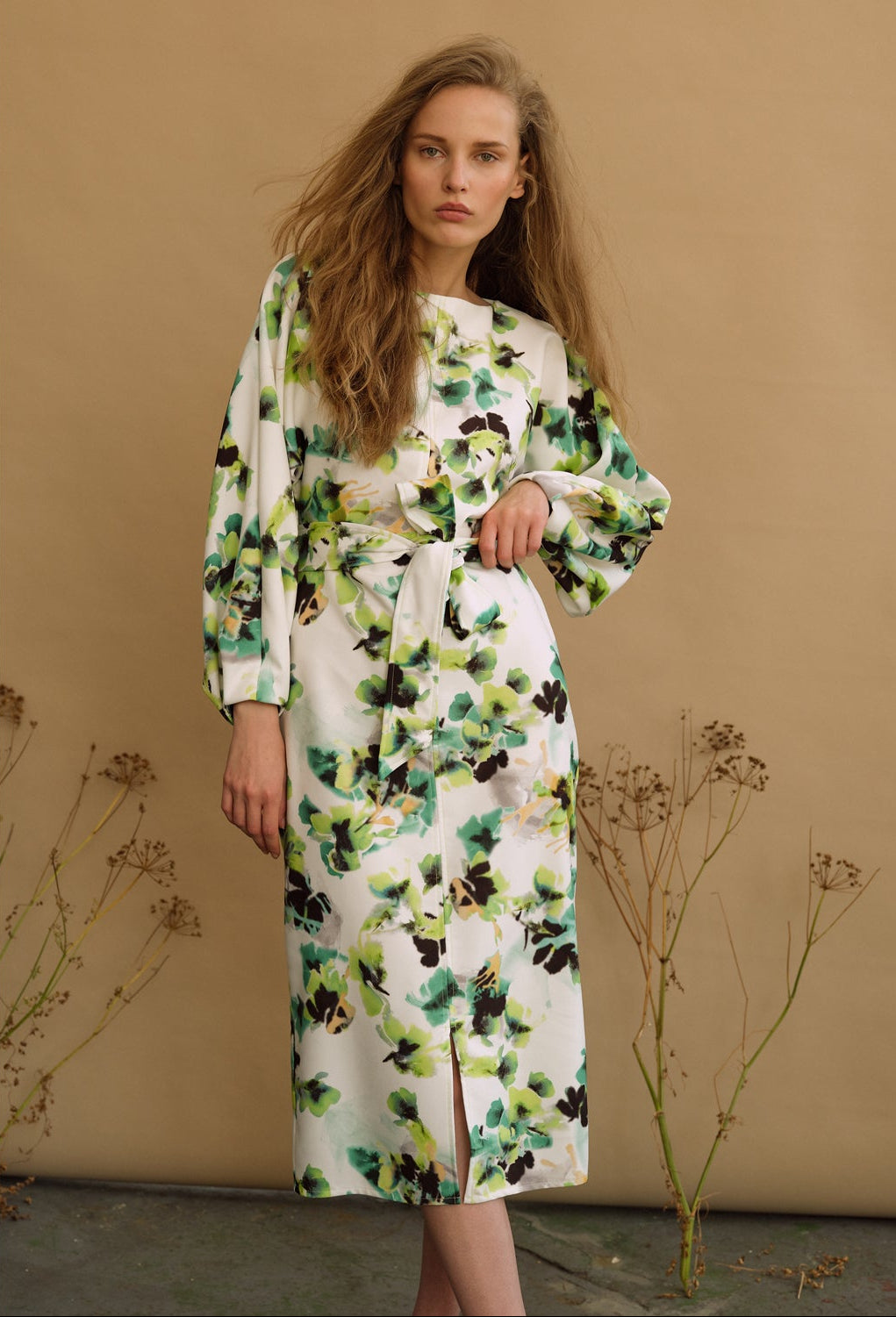 maeve green floral dress Loom London Women's & White Midi variation-ahana-beige-crepe-midi-dress