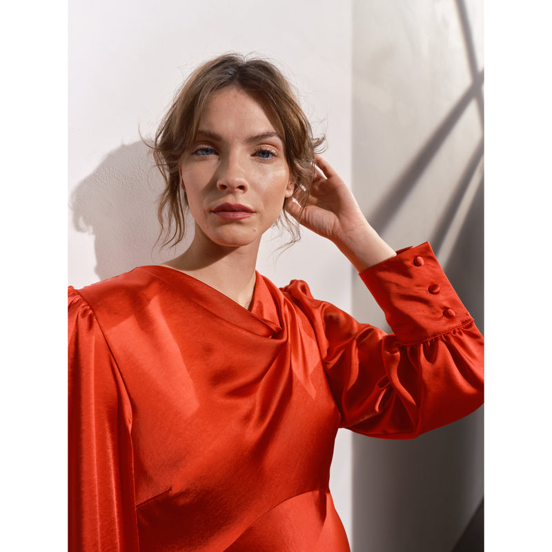 red satin cowl neck midi dress Satin Cowl Neck Draped Midi Dress In Crimson Haze, Crimson Haze / Regular / 6