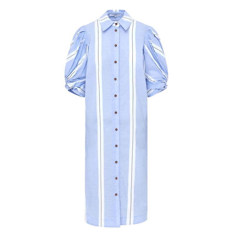 Ines Knot Sleeve Shirt Dress White & Blue Stripe