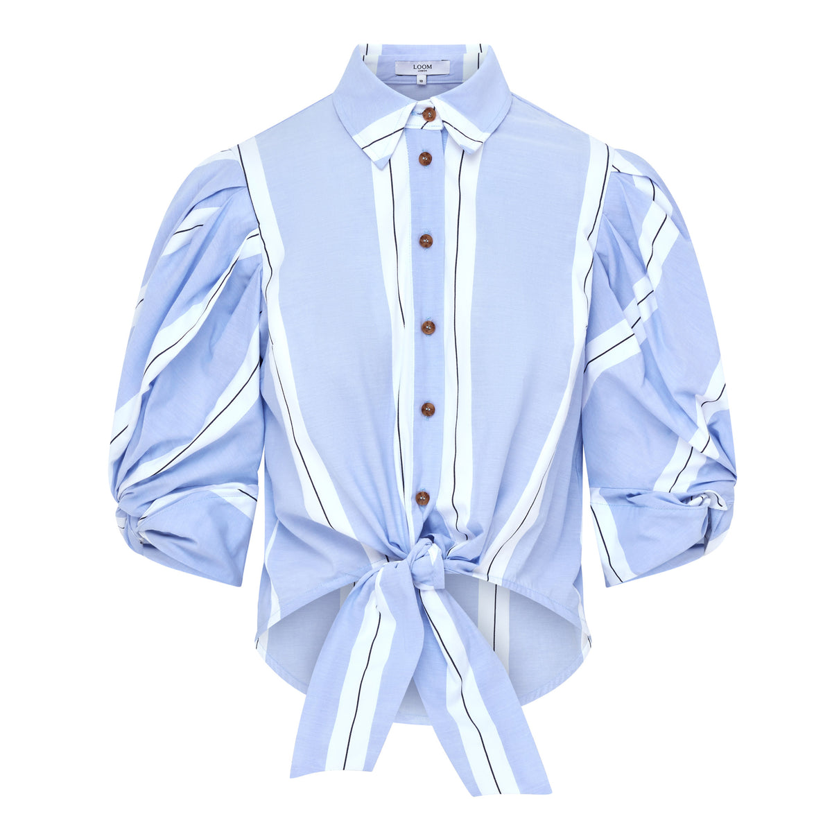 Ellery Knot Sleeve Tie Front Shirt - White & Blue Stripe