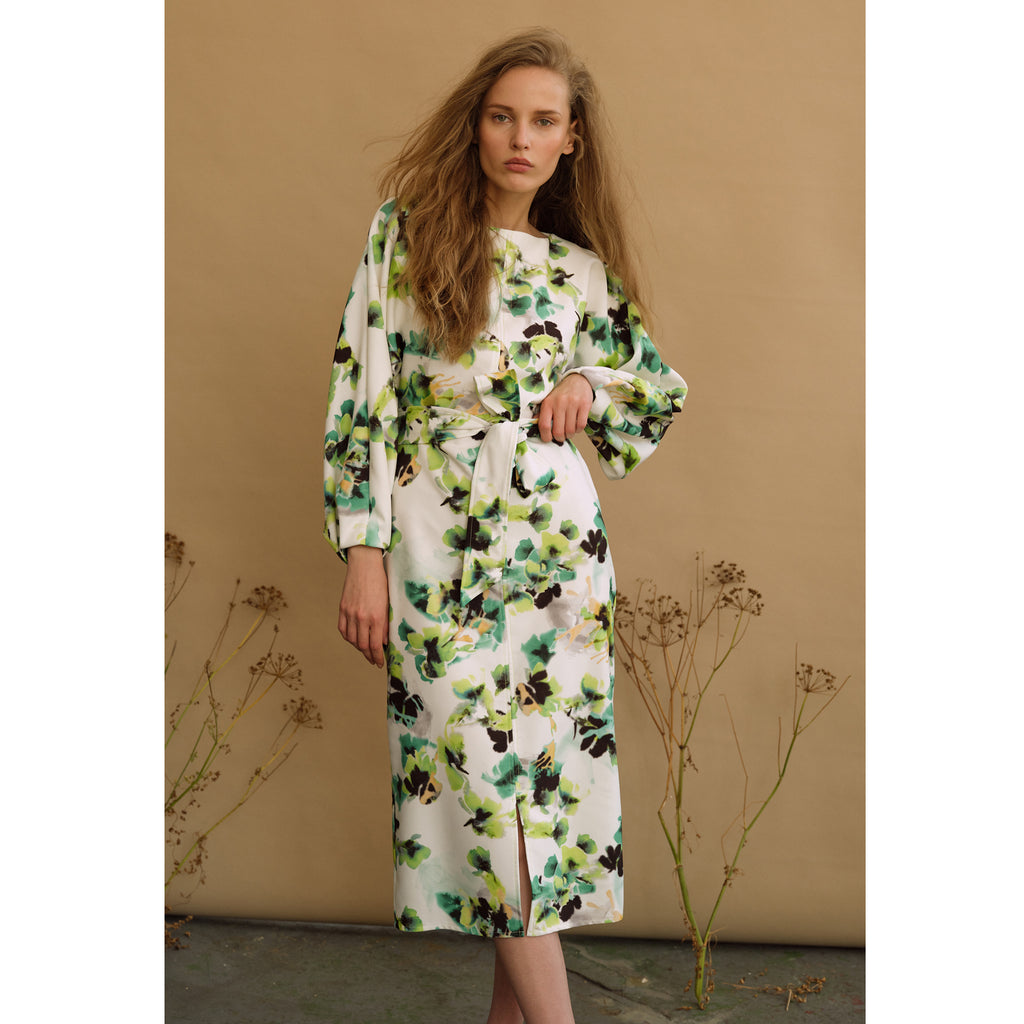 Green and white floral midi dress deals